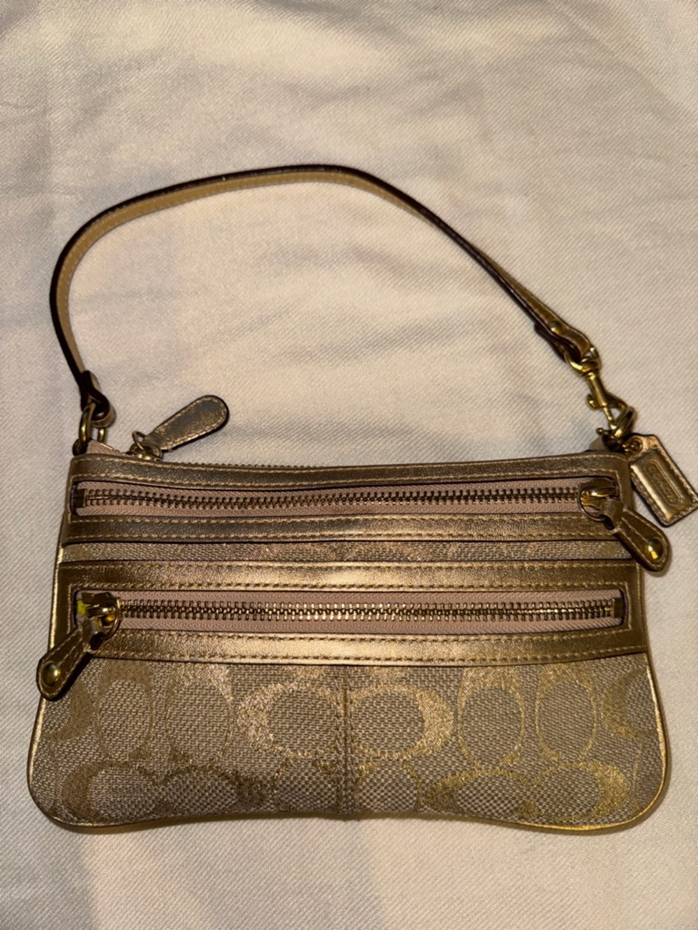 Coach Gold Metallic Signature Wristlet Clutch